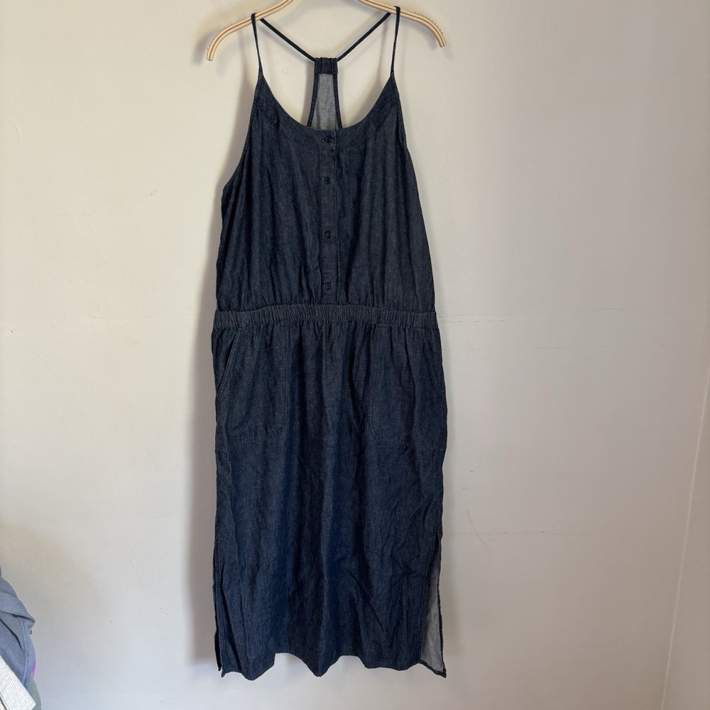 Prana Midi Dress Chambray 100% Organic Cotton Button Front Midi Blue XL